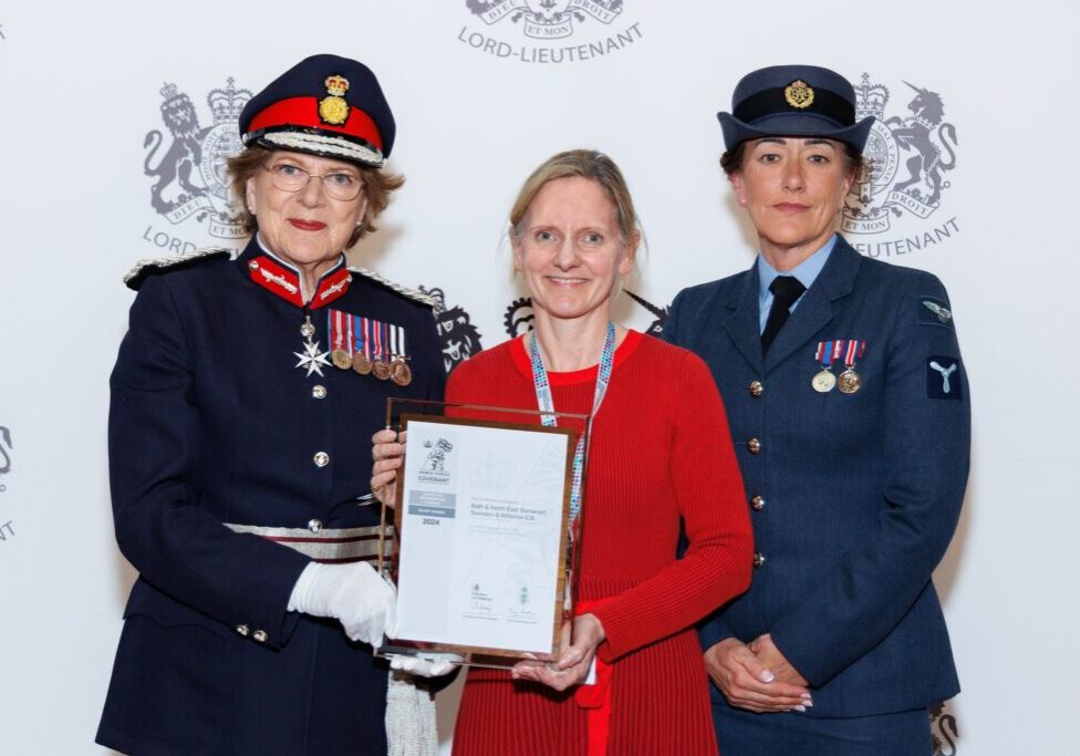 The Lord-Lieutenant of Wiltshire presents the Silver Award to Caroline Holmes and Dee Runciman